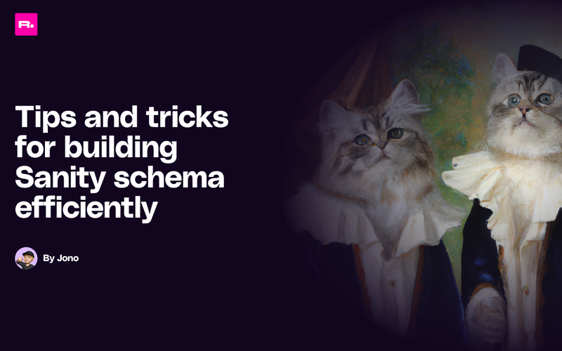 Text: Tips and tricks for building Sanity Schema efficiently with two lovely cats in hats