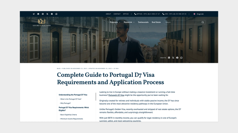A screenshot of the homepage of Savory & Partners, showing a form which you can book for a free consultation