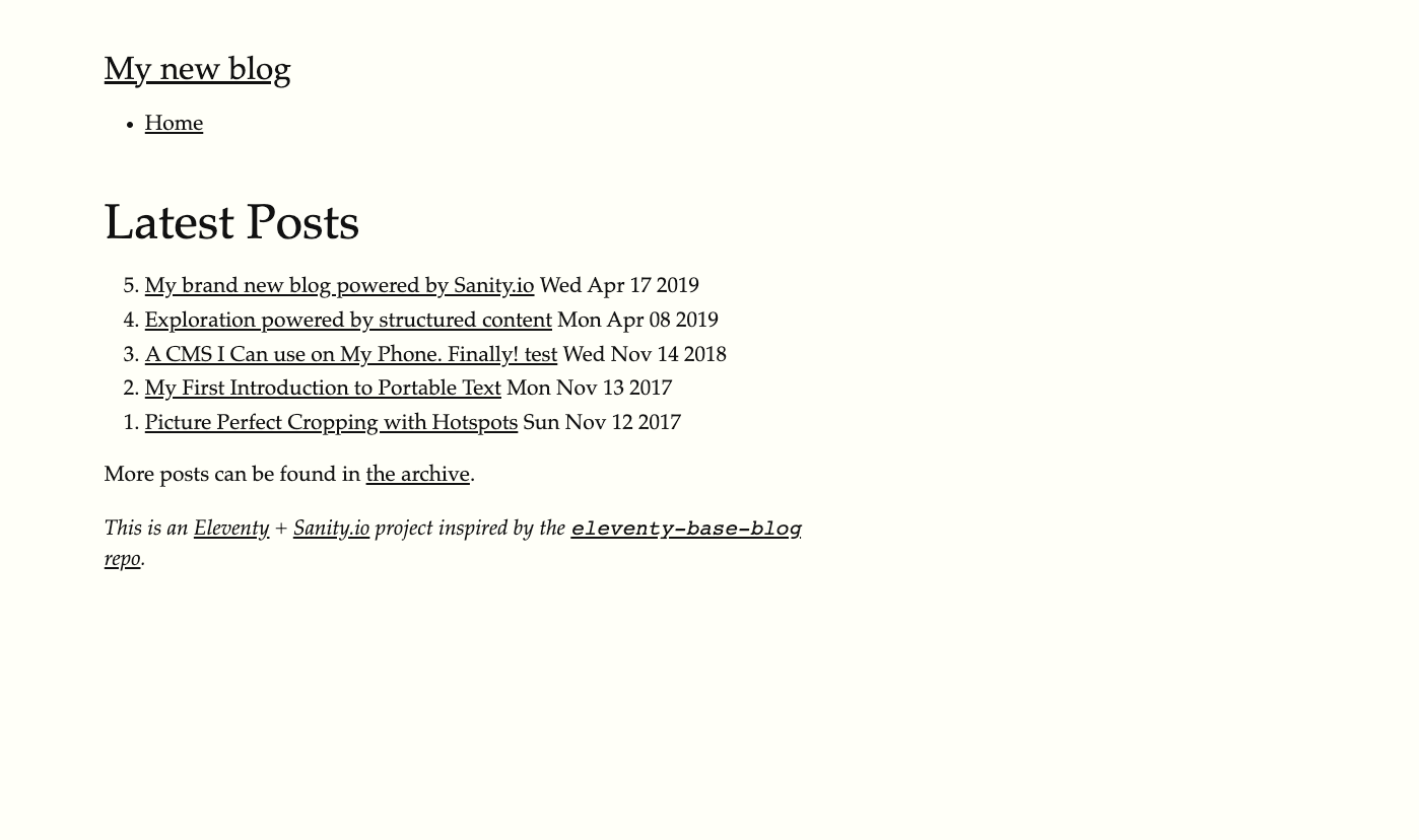 The homepage of our 11ty + Sanity blog