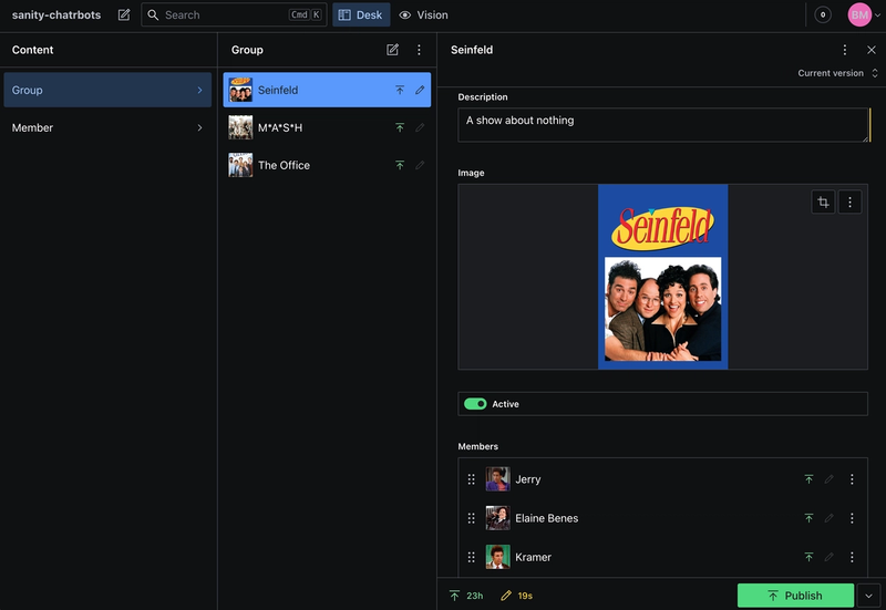 Sanity Desktop screenshot of group setup