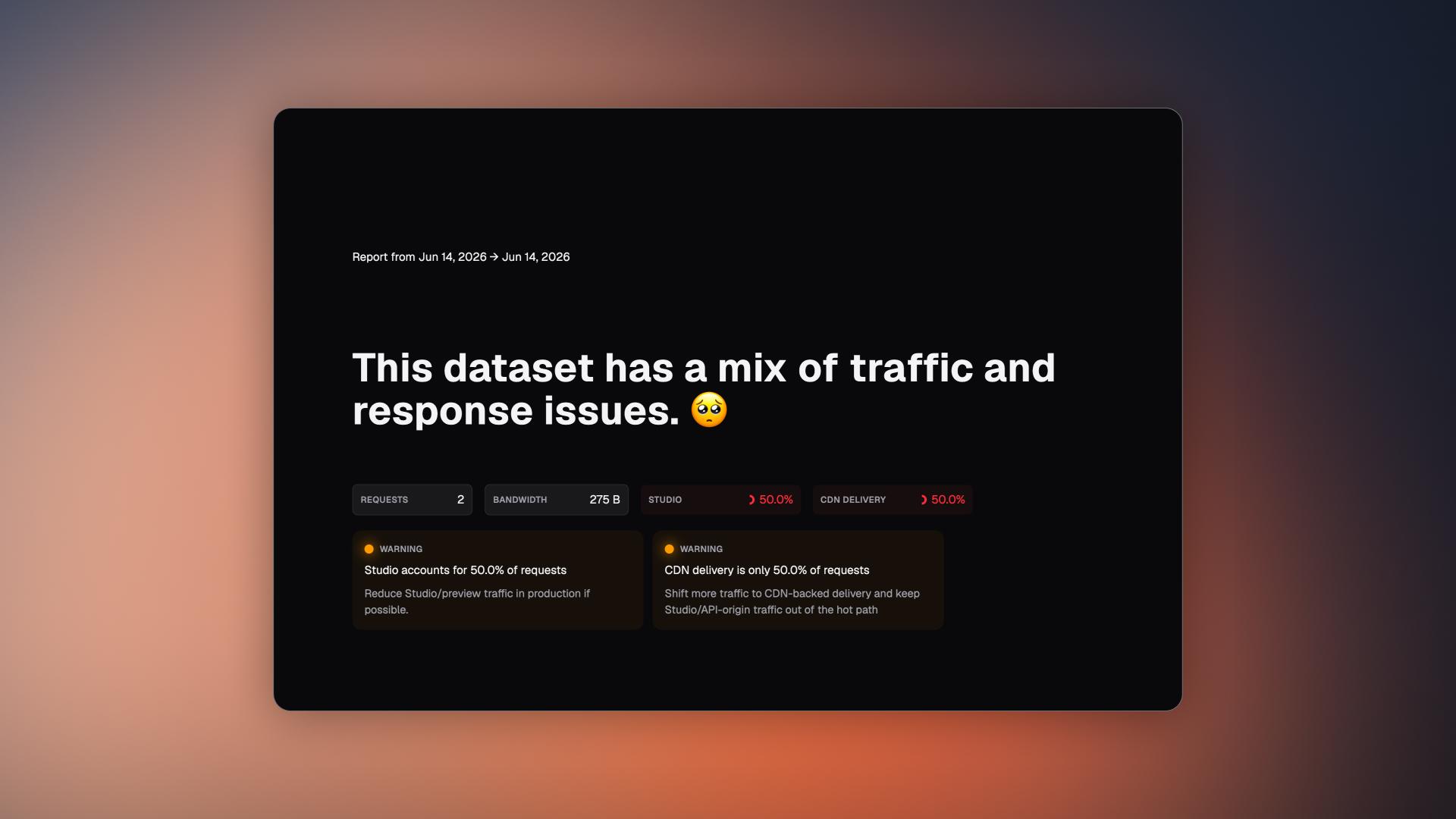 Dark-mode summary UI for a Sanity CMS dataset