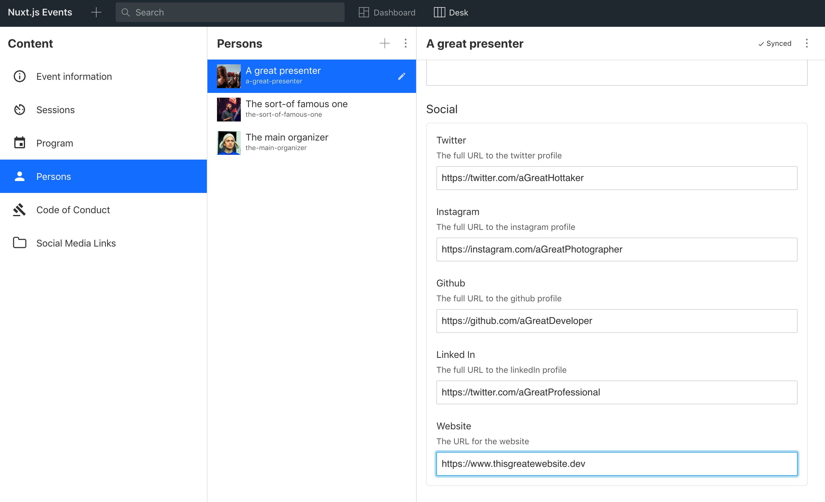 The "A Great Presenter" person is highlighted. Showing input fields for social media with some witty example content.