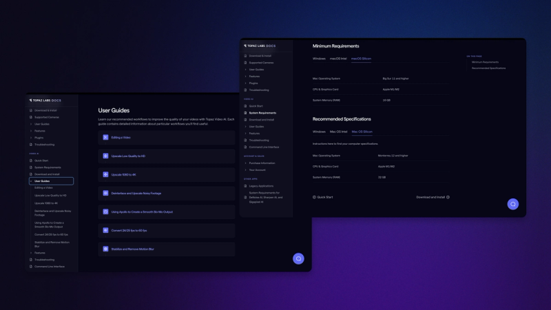 Two windows of topaz labs with user guides and minimum requirements