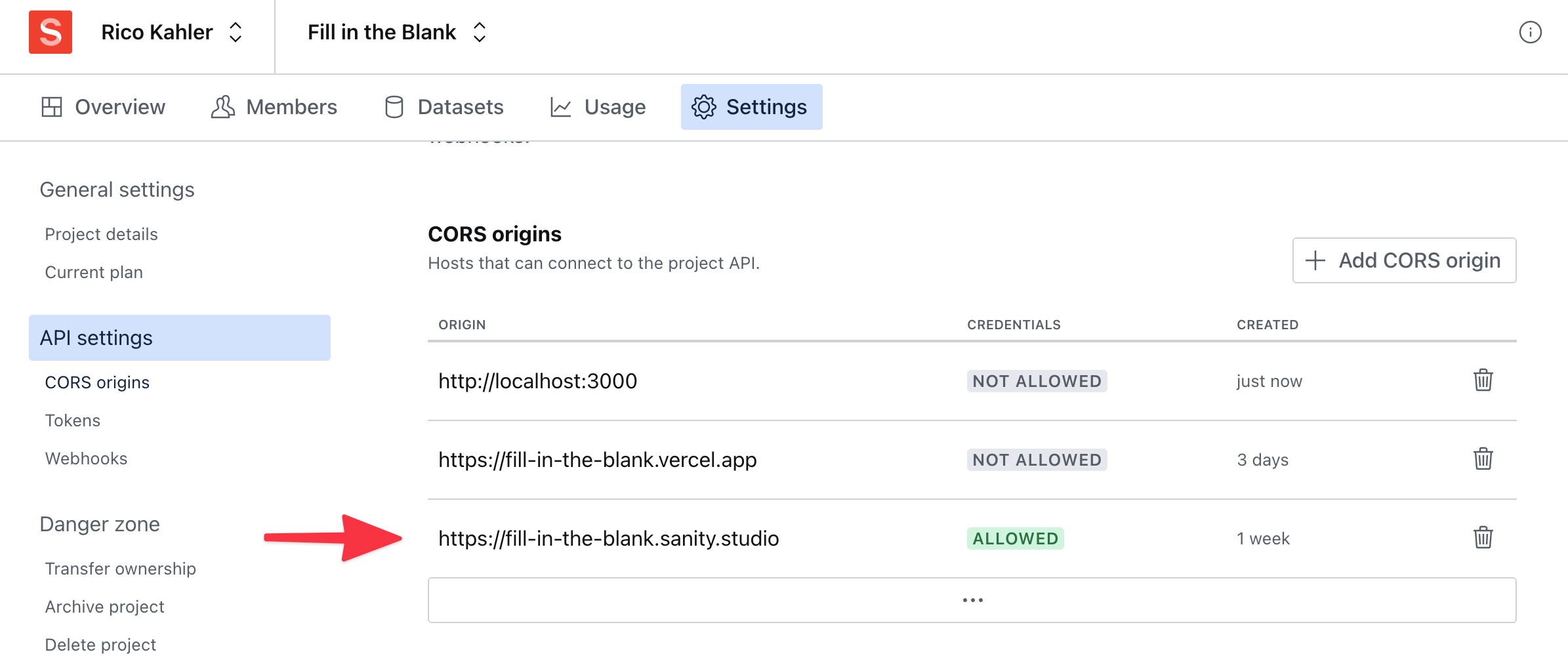 Screenshot of sanity.io/teams to add the CORS origin