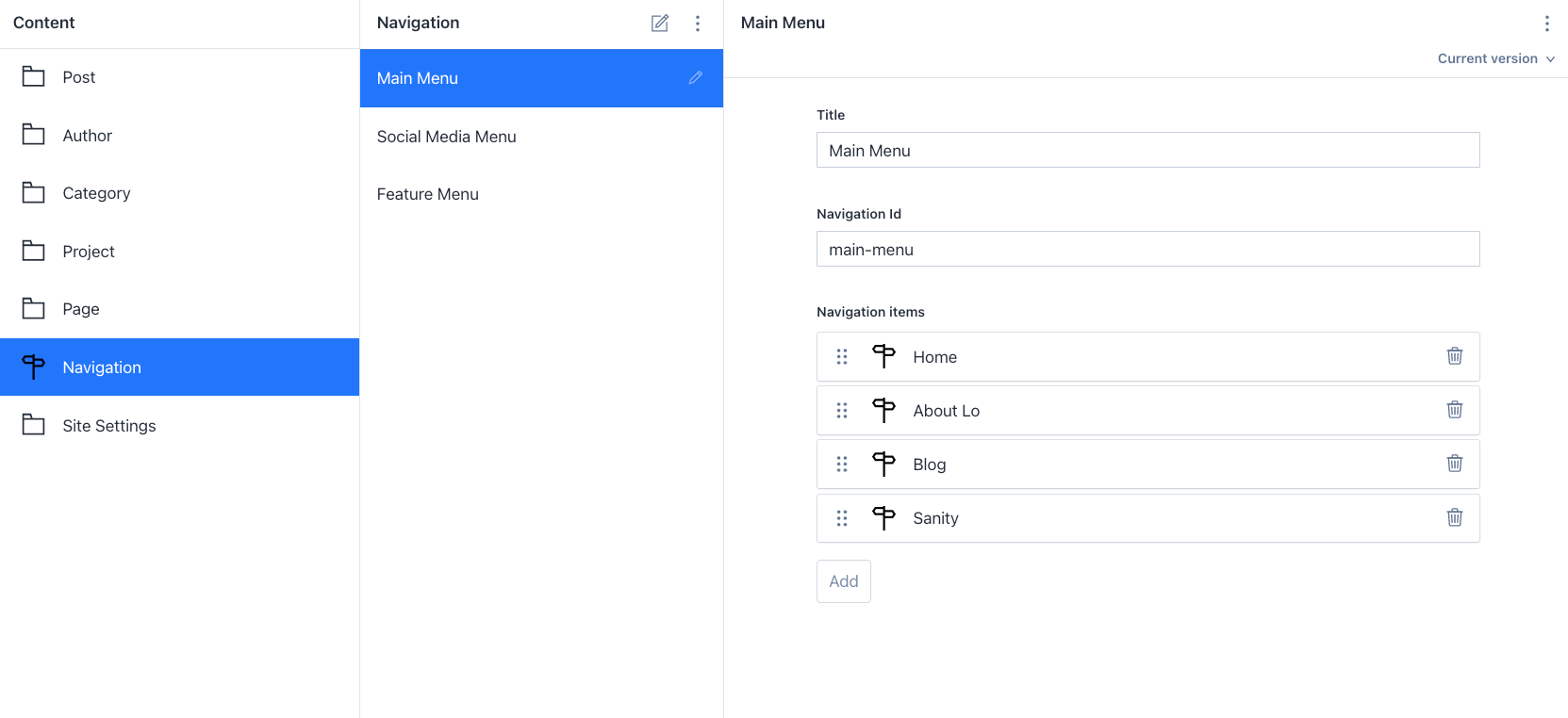 The navigation document type is available in the Sanity studio.