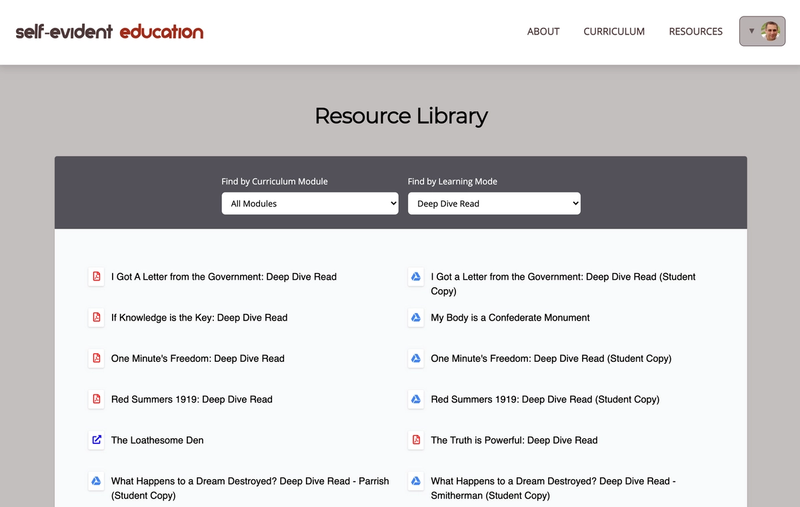 Self-Evident's library of curriculum resources can be filtered by curriculum module or learning mode.