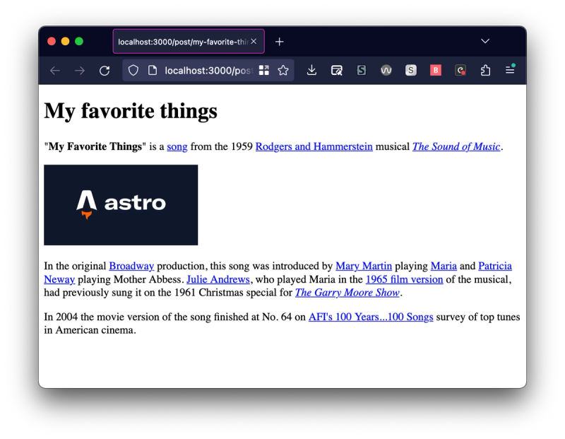 browser screenshot with heading my favorite things, some text with links and an image, the logo of Astro