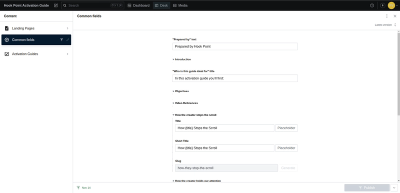 Fields common to all activation guides are edited in a separate document, making it easier to update them everywhere at once