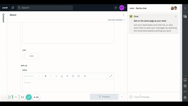 Discuss content with your team directly in Sanity with Cord