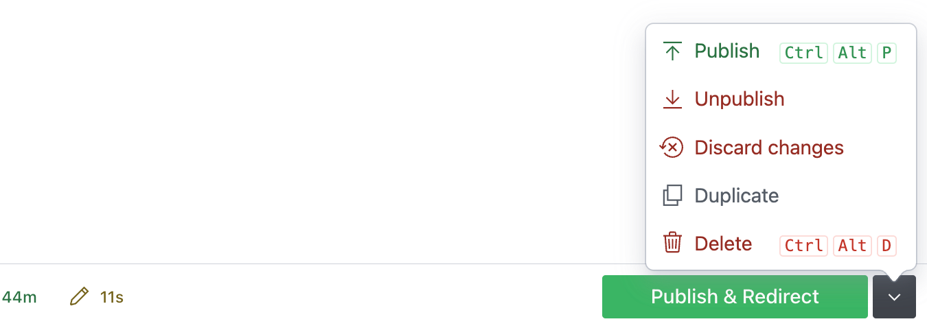 sanity actions, including the new publish & redirect
