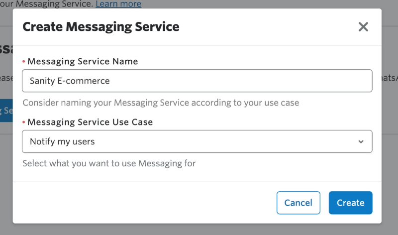 Modal form to create messaging service