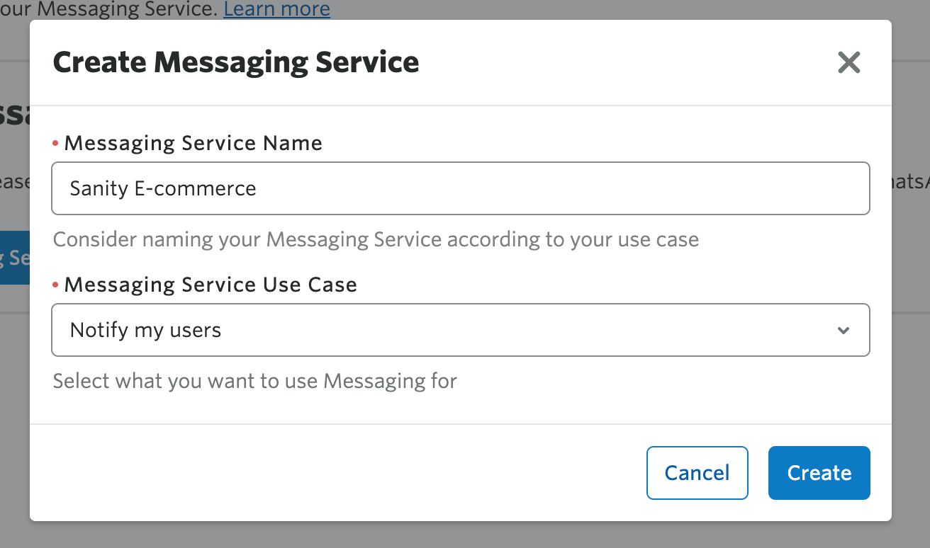 Modal form to create messaging service