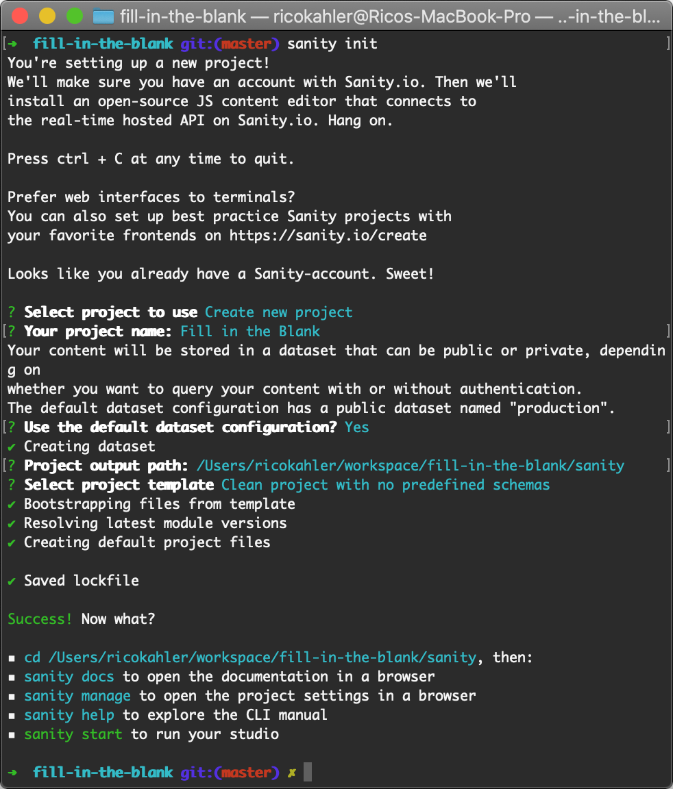 Screenshot of sanity CLI after sanity init