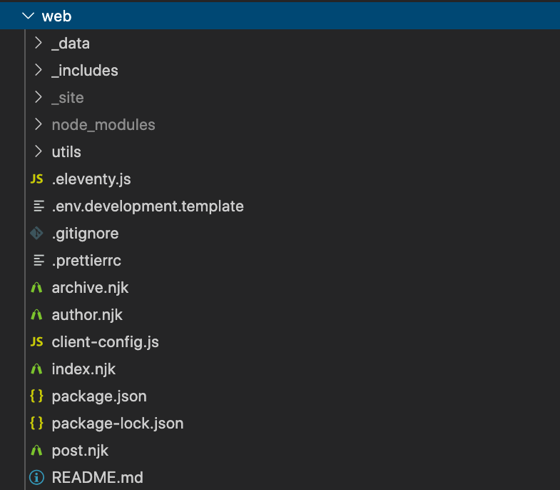 The file structure of the 11ty project as seen from VS Code. The setup of which is described below and more detail is available in the repository.