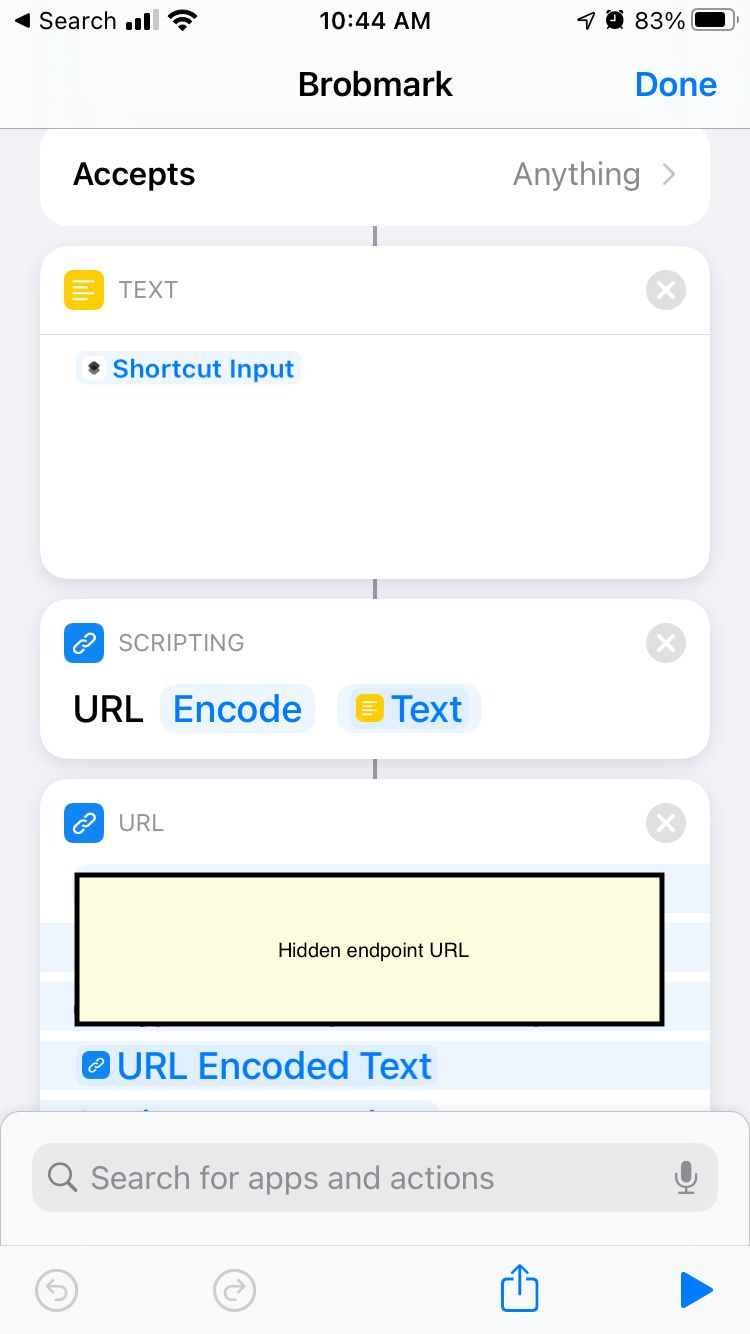 Screenshot of part of the iOS shortcut setup
