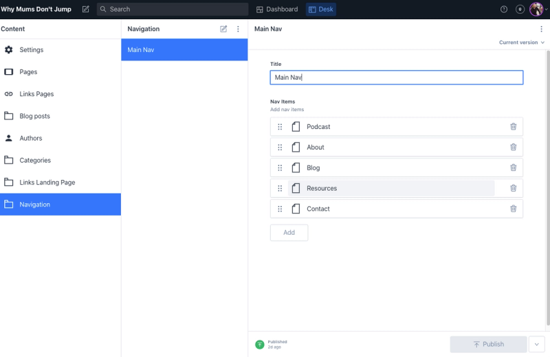 Custom navigation schema in Sanity