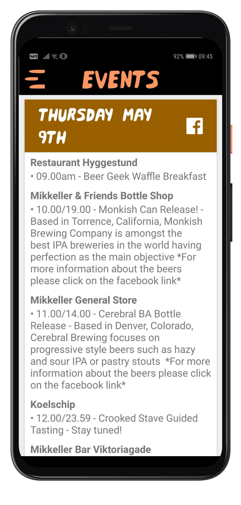 Mobile app showing list of events