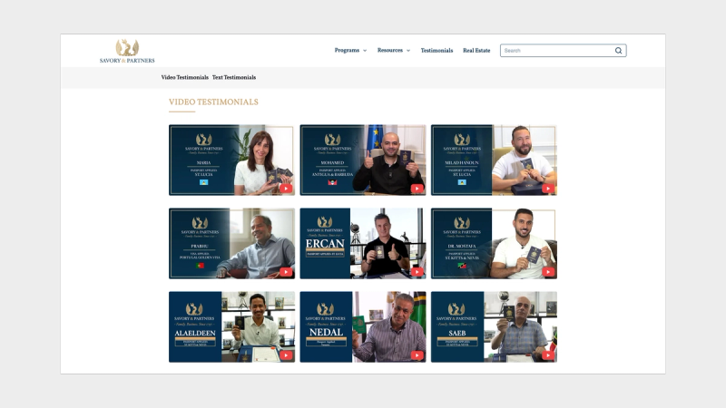 Screenshot of the Savory & Partners website showing client testimonials. The page features four video thumbnails of clients in professional attire giving testimonials for the company. 