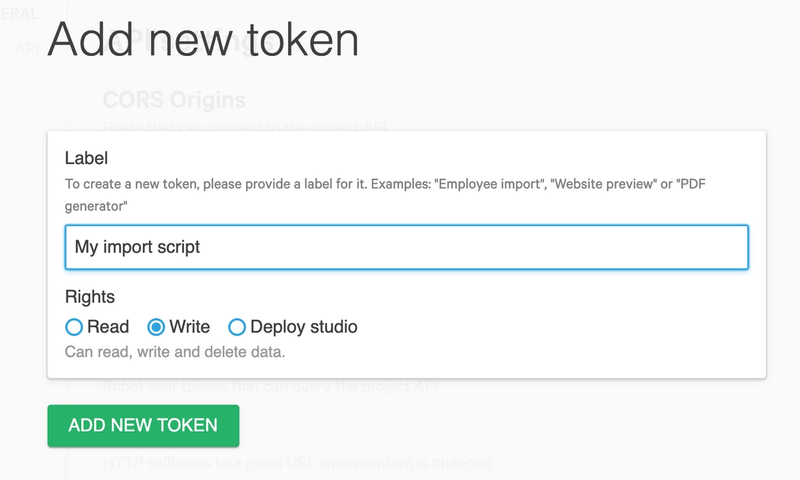 The dialog on manage.sanity.io where you can add a token