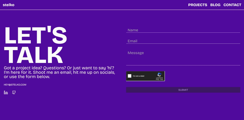 Contact page with my social links on the left and a contact form on the right