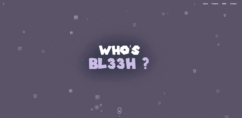 A developer portfolio template with a purple background featuring the words "who's bl38h?".	