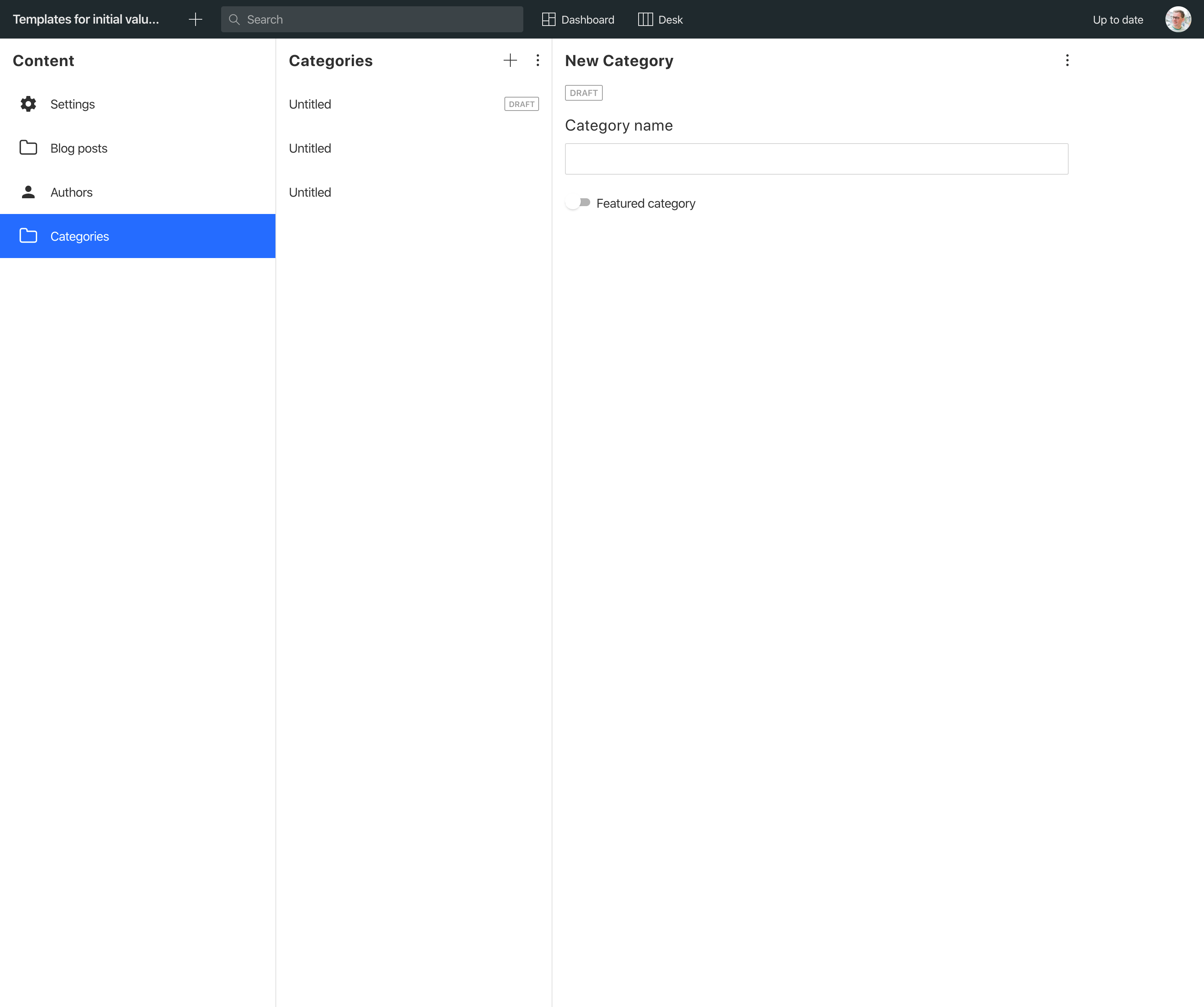 The fields for the category document type with the featured category boolean in the false position.