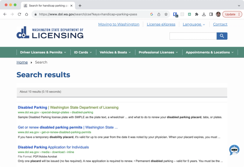 A search for "handicap parking pass" on the Washington State Department of Licensing website returns results for "disabled parking permits," but does list or repeat the no longer acceptable term "handicap"