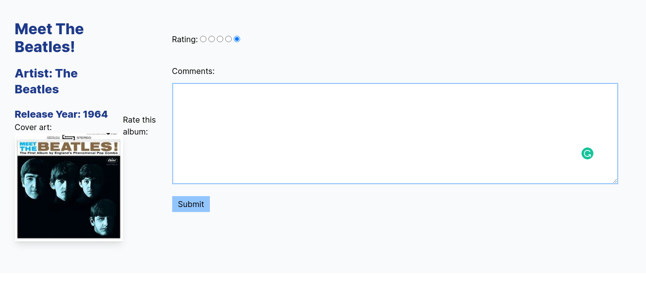 Screenshot of the single page application album detail page