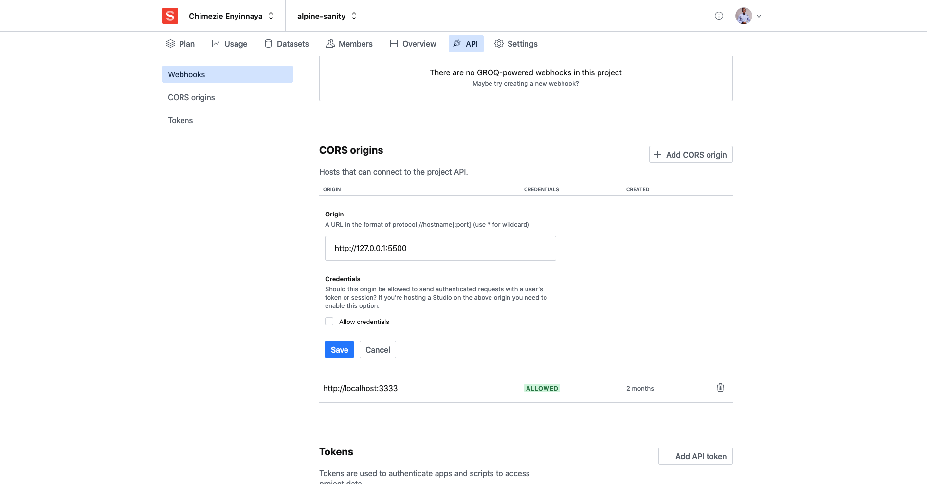 Enable CORS in Sanity project settings
