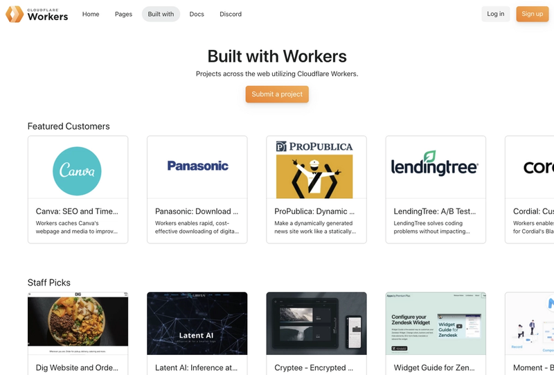 The "Built With" section containing projects built with Cloudflare Workers, built from an array of custom collections