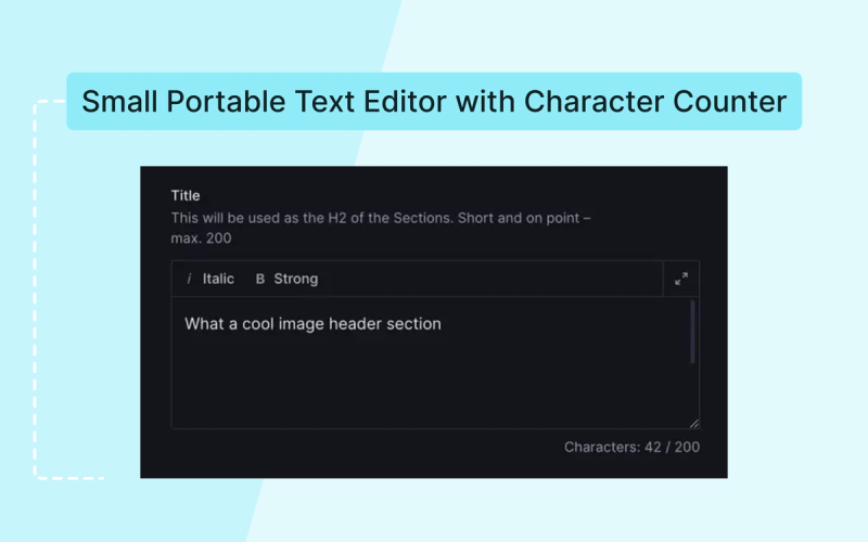 Portable Text editor with reduced height and character counter for titles 