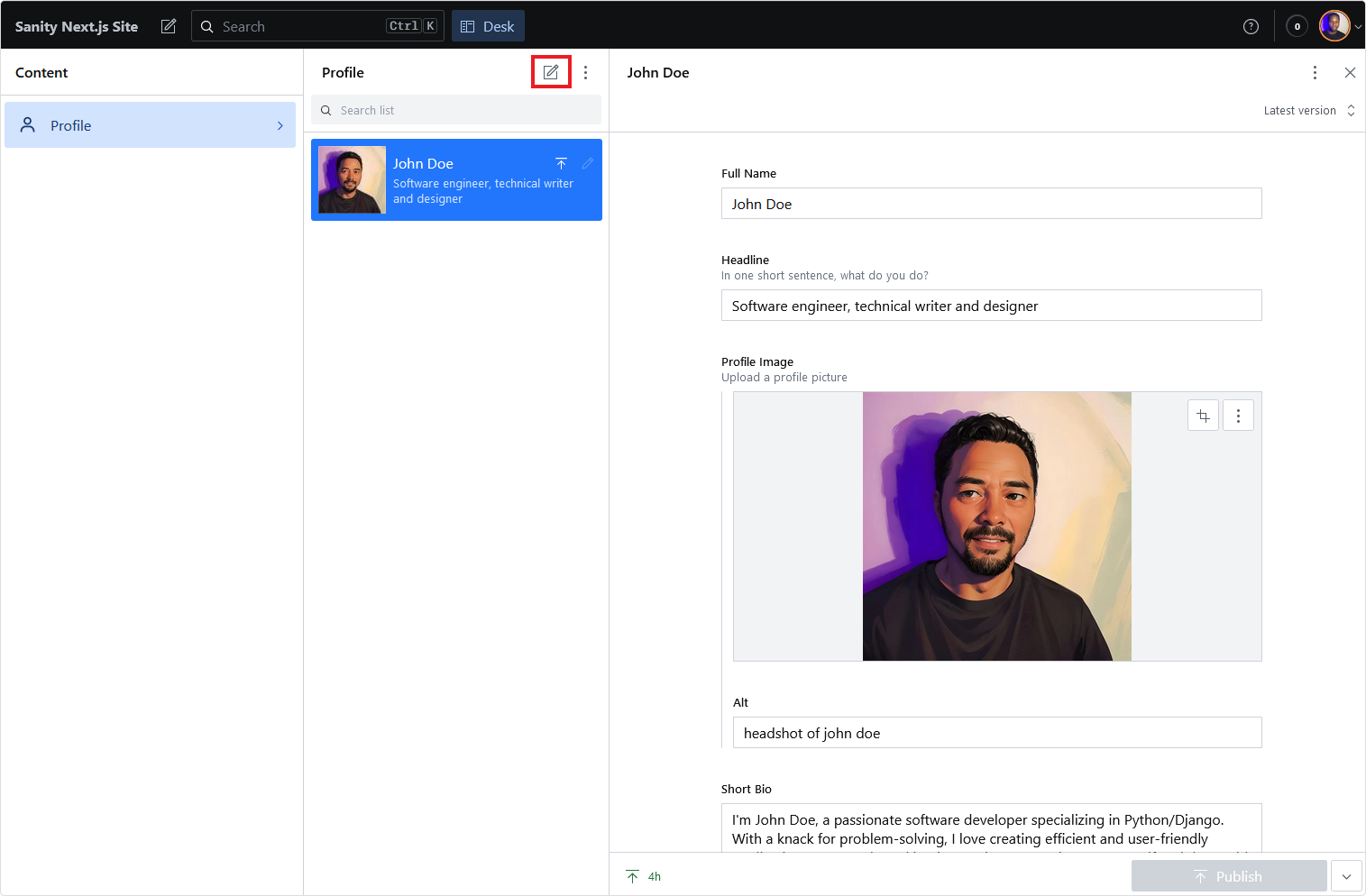 Preview of the profile schema in studio