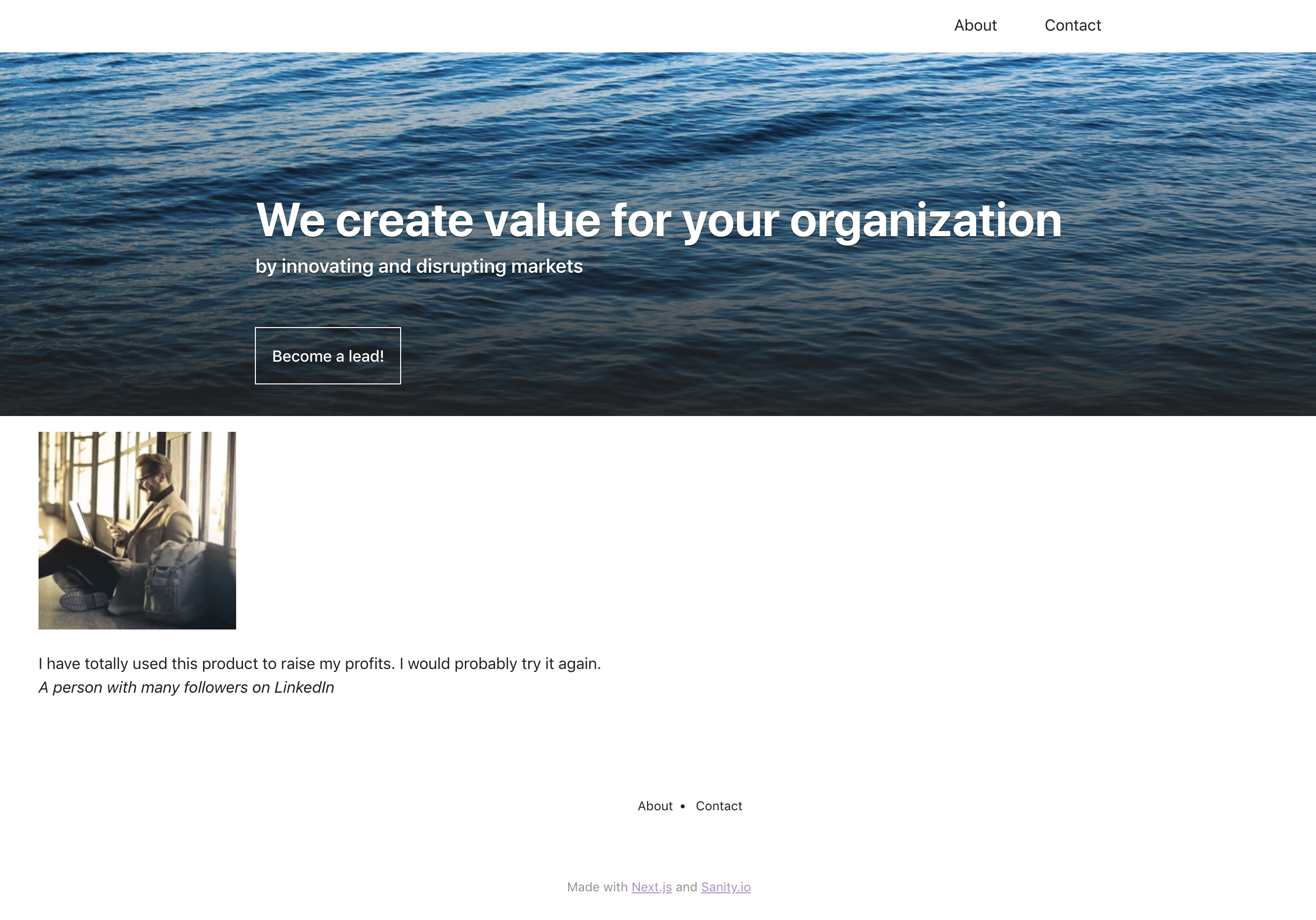 A webpage with a hero and the testimonial section rendered without style