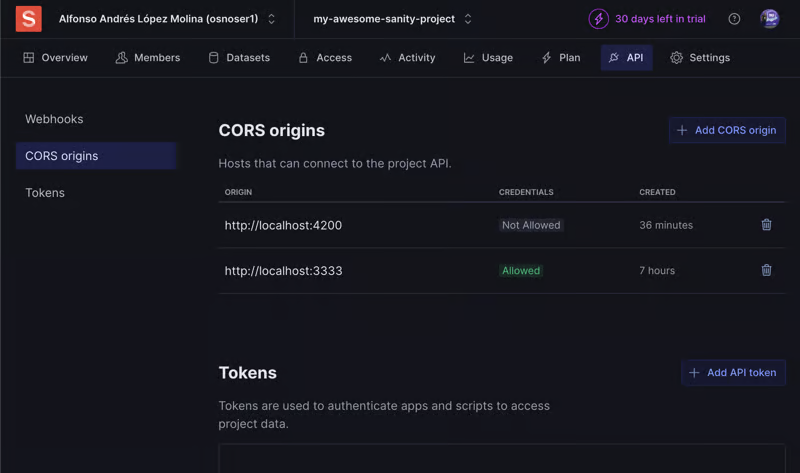 Screenshot of the Sanity management interface showing the CORS configuration page with the new origin added