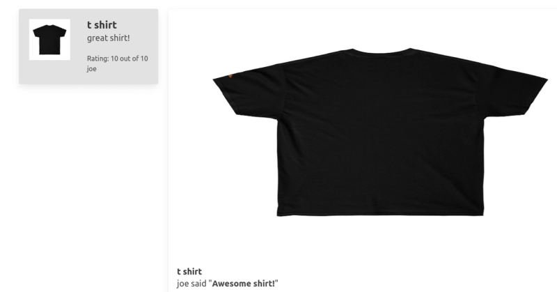 Screenshot of a website showing reviews for a black t-shirt