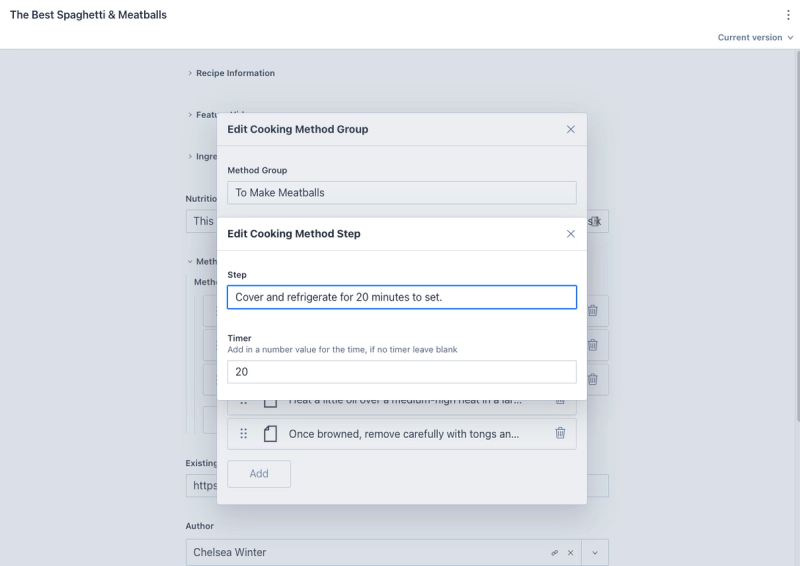 The editor for each method step allowing a timer to be setup on the front end