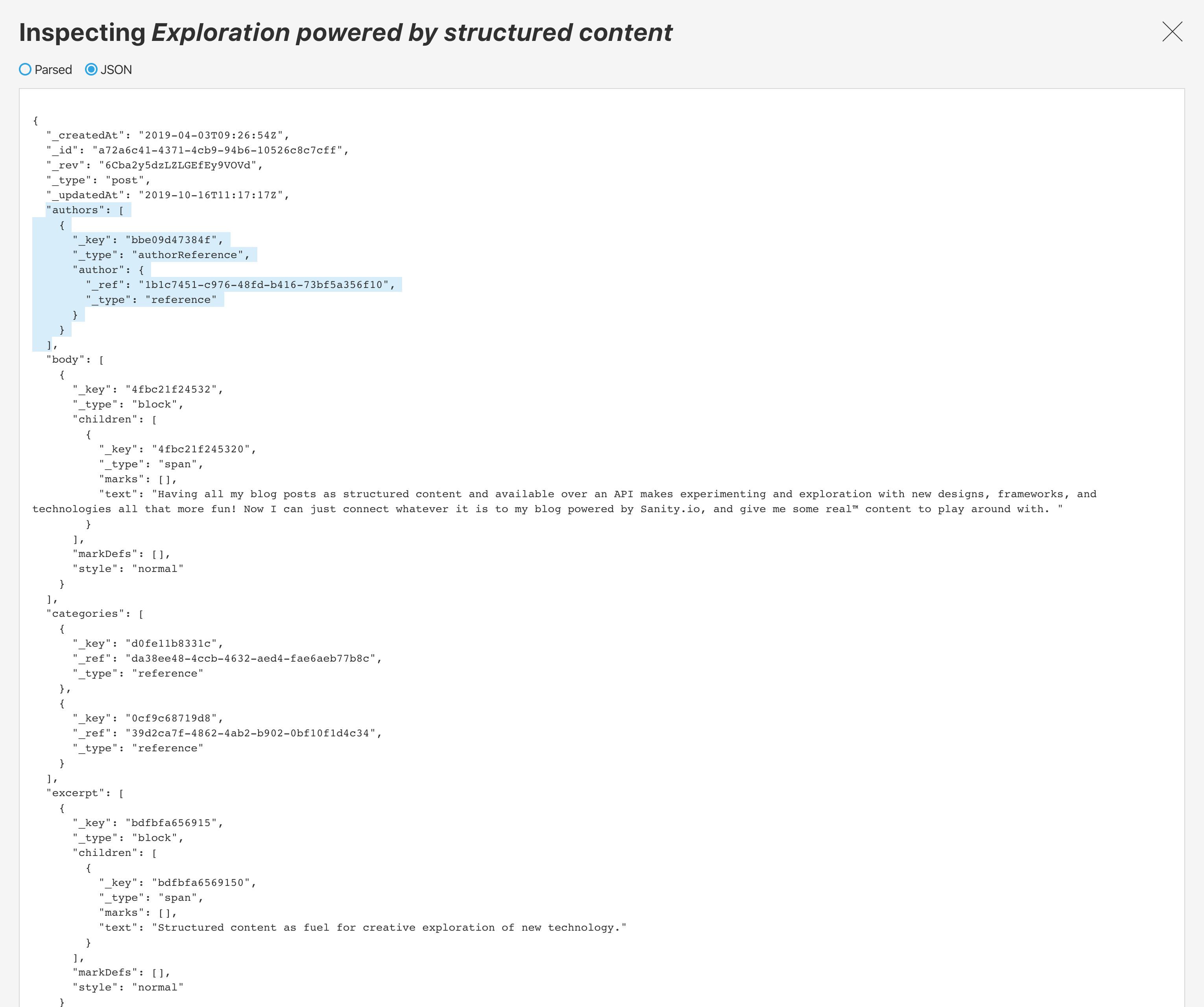 Selecting the authors array in the JSON inspector (Studio Version 0.142.8)