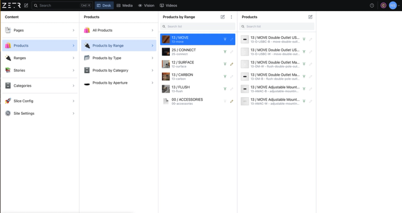 ZETR's product Sanity dashboard, which has multi-layered categorisation for easy navigation for content editors.