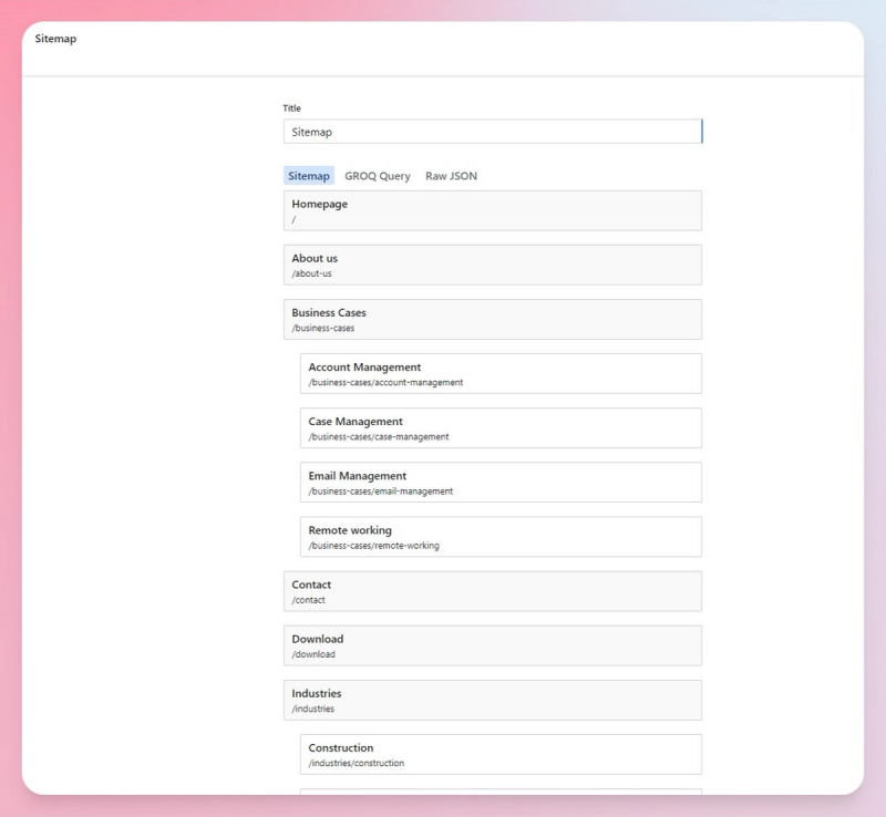 Our sitemap is generated as new pages are added, pages can be infinitely nested to create evolving structures