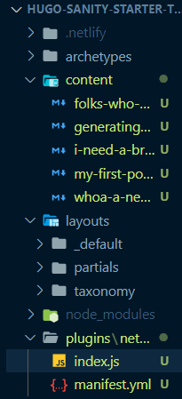 The content folder has five new markdown files, corresponding to the posts in Sanity.