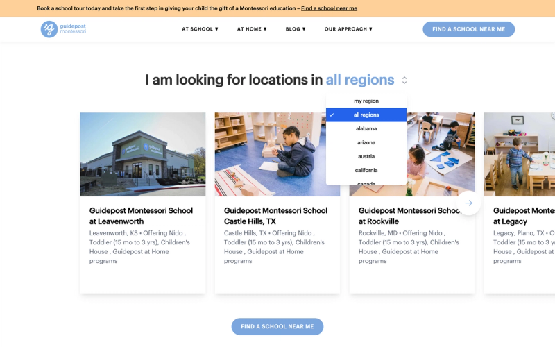 A module with a browsable list of schools by region can be embedded on multiple pages.