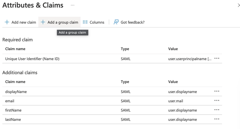 In Azure, select + Add a group claim.