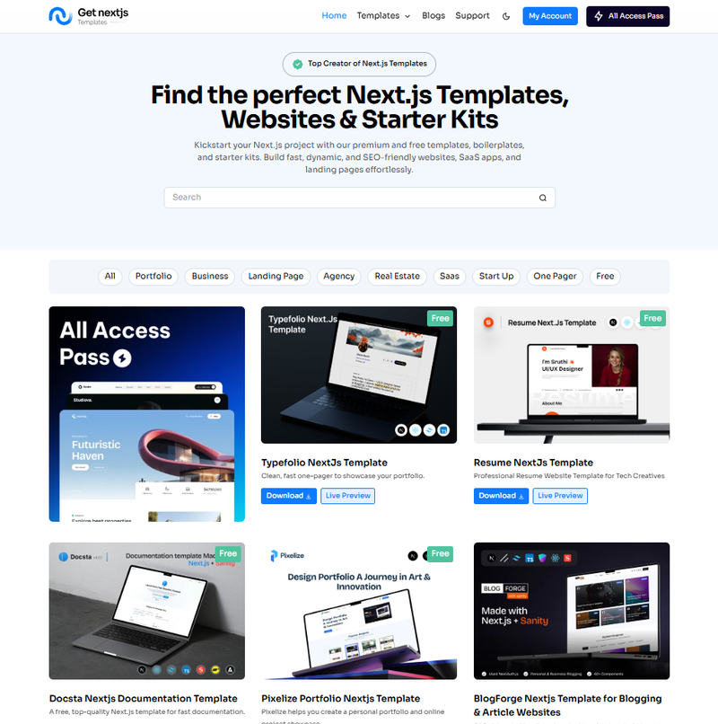frontpage of Get Nextjs Templates