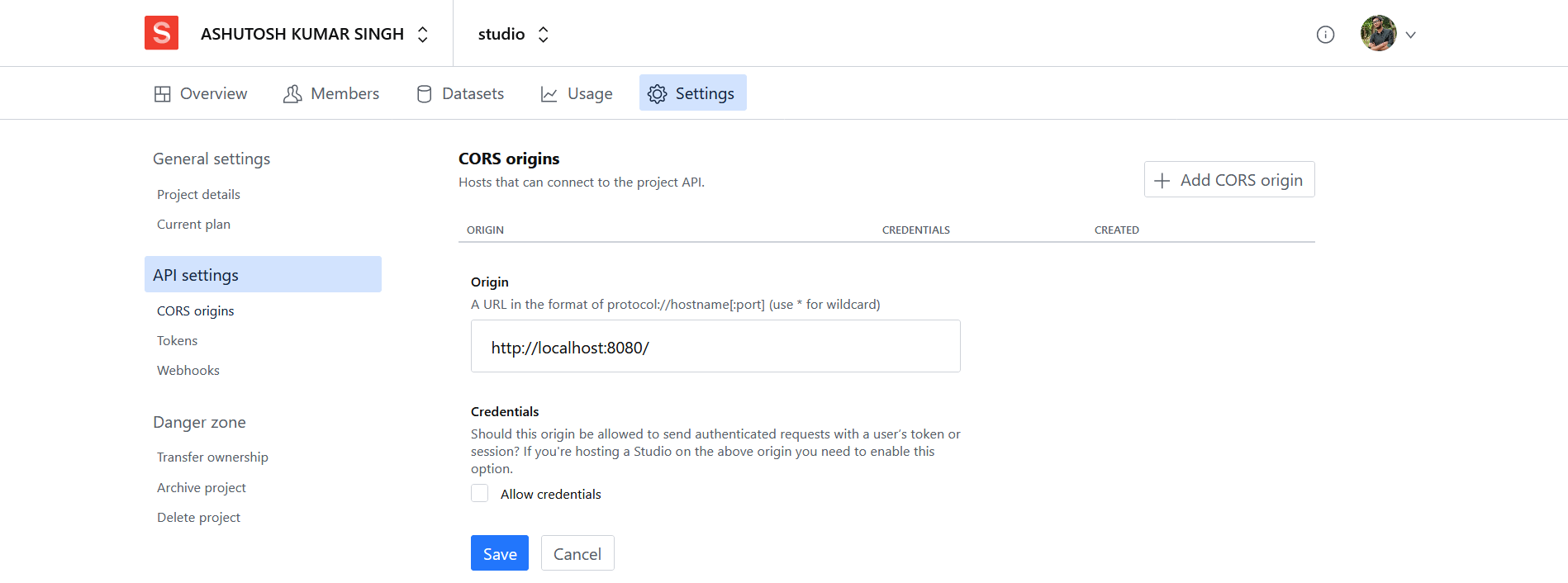 API Settings - CORS origins for Sanity