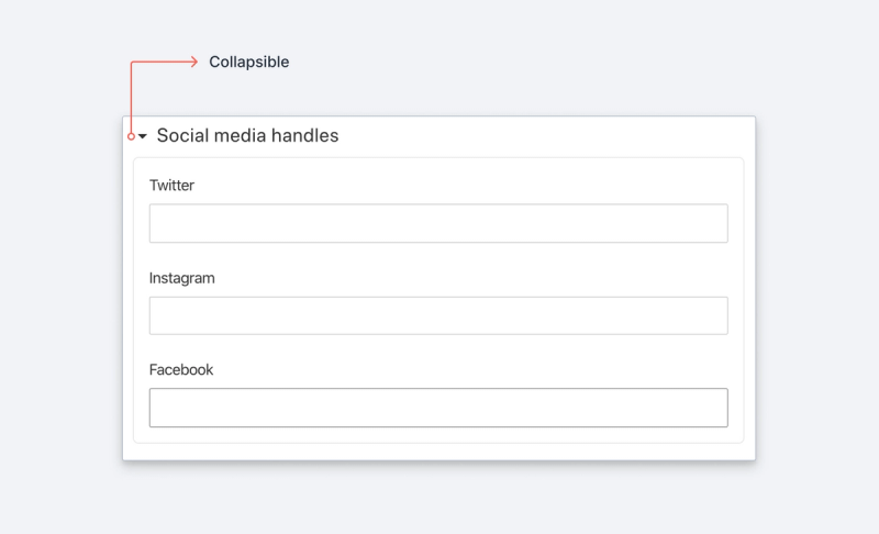 Three social media fields in a collapsible fieldset.
