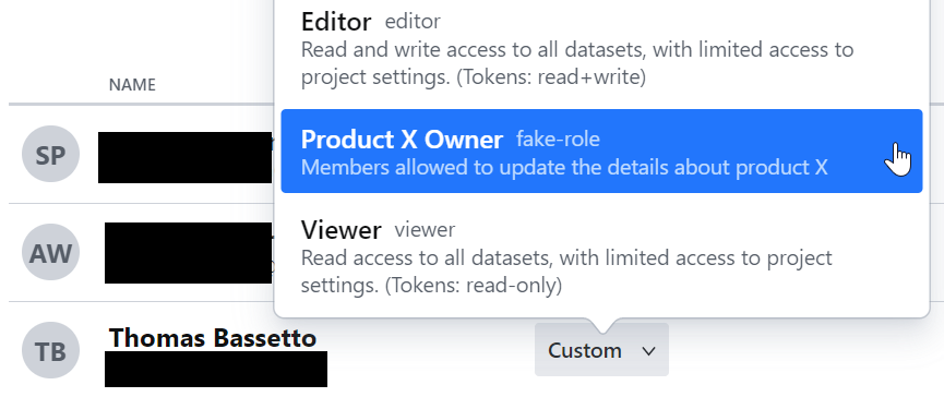 Screenshots showing the new role we created in Sanity.io's own dropdown