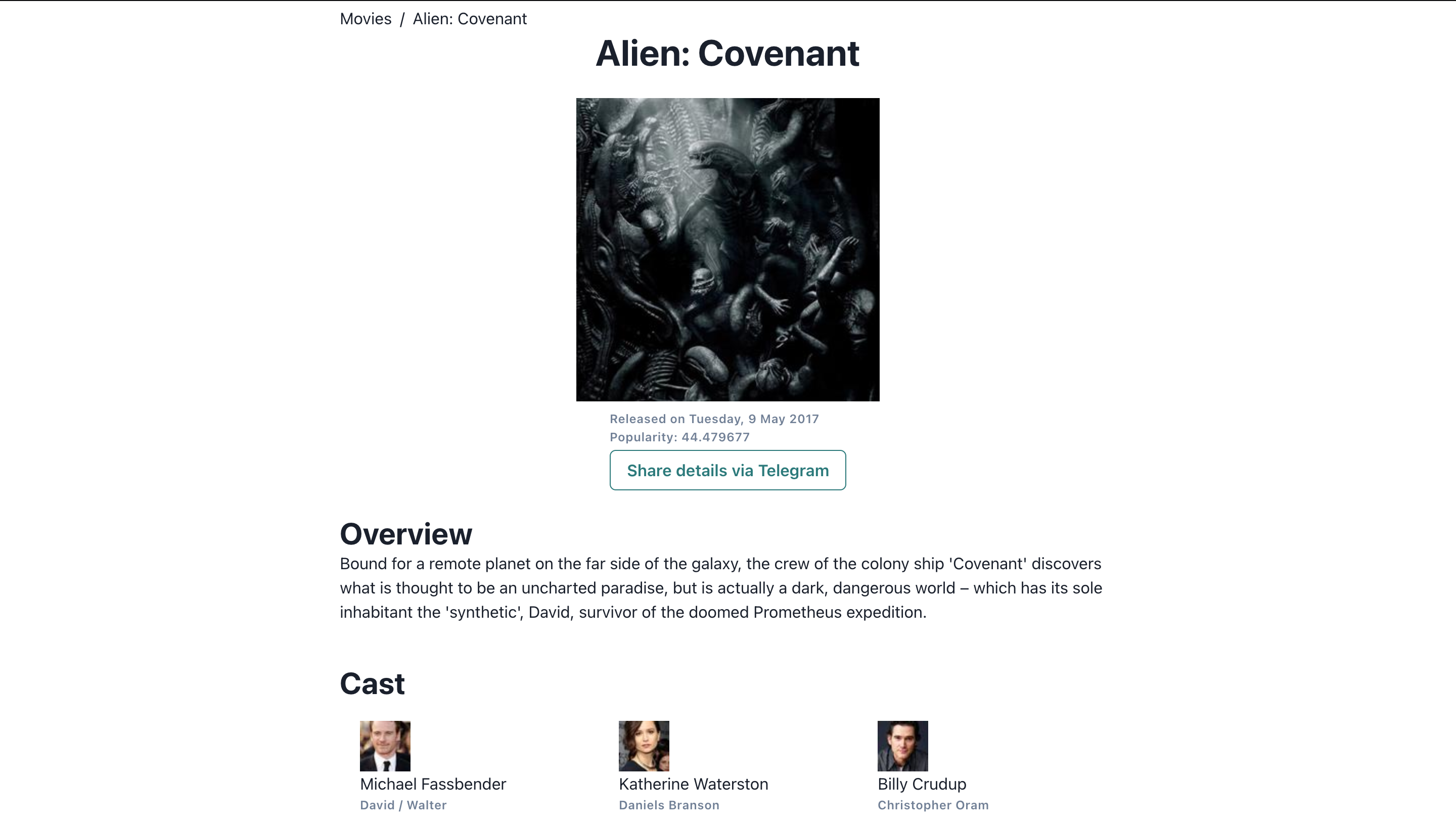 Movie page showing movie details and button to share details via Telegram