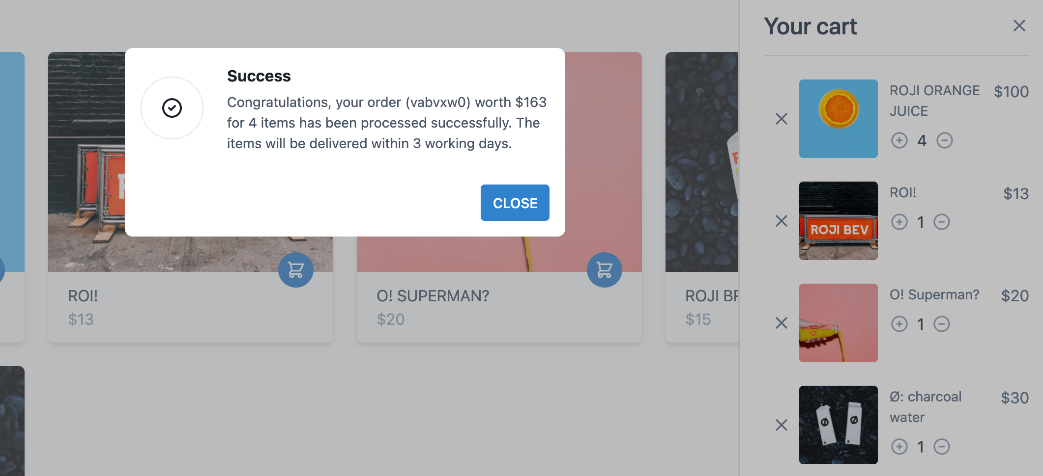 Success modal shown when 'checkout' button is clicked