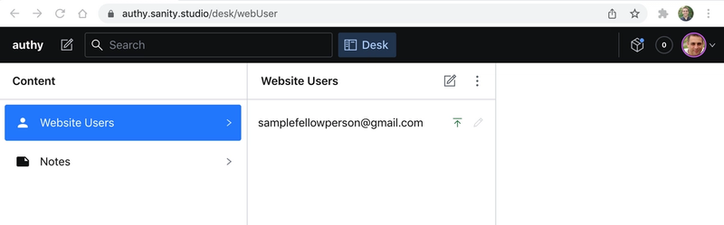 Screenshot of Sanity studio admin showing existence of a new user
