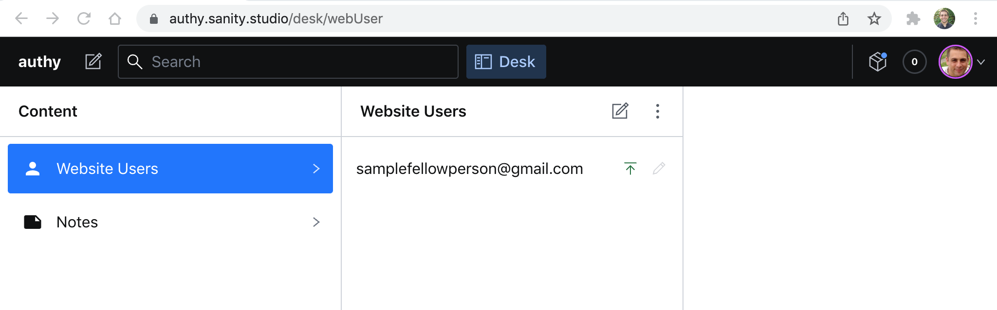 Screenshot of Sanity studio admin showing existence of a new user